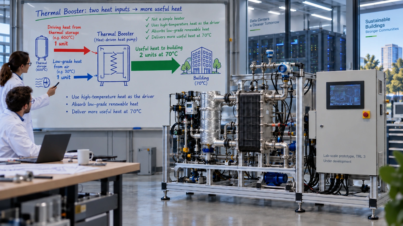 Greenco Tech Thermal Booster TRL 3 lab prototype with a whiteboard showing one unit of high-temperature heat, one unit of low-grade heat and two units of useful heat at 70°C