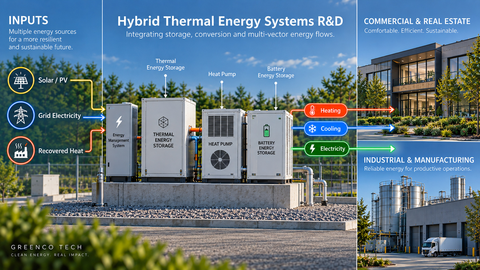 Greenco Tech hybrid thermal energy systems R&D concept showing thermal energy storage, heat pump and battery storage integrating solar, grid electricity and recovered heat for commercial and industrial applications