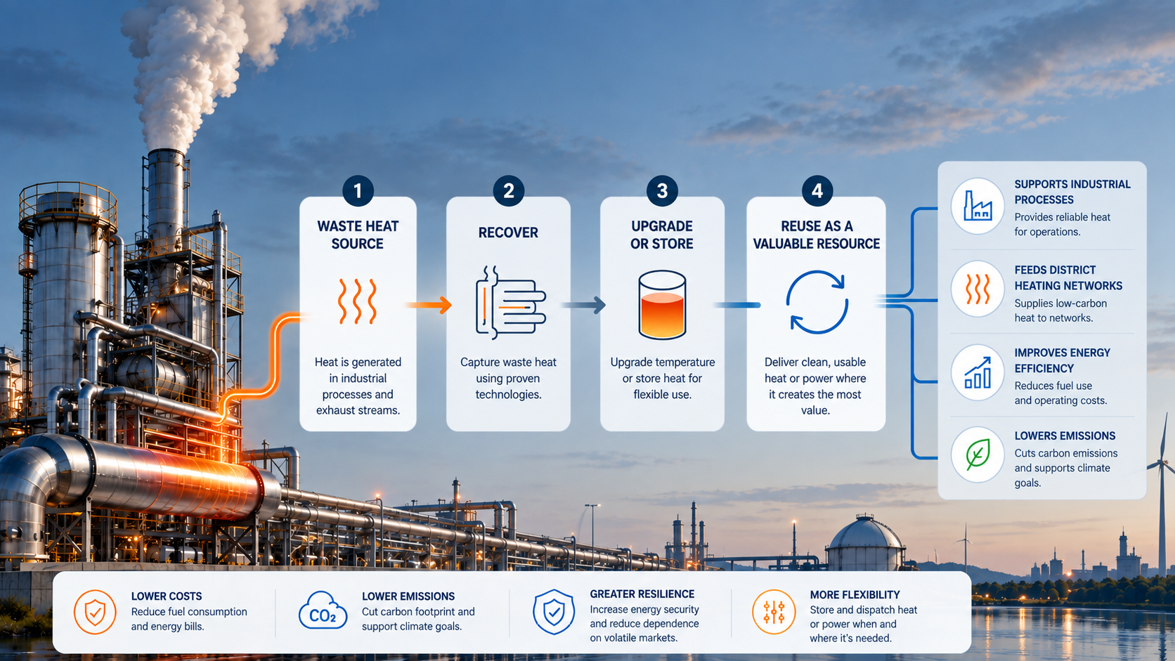 Industrial waste heat recovery showing heat capture, storage, upgrading and reuse in thermal energy systems