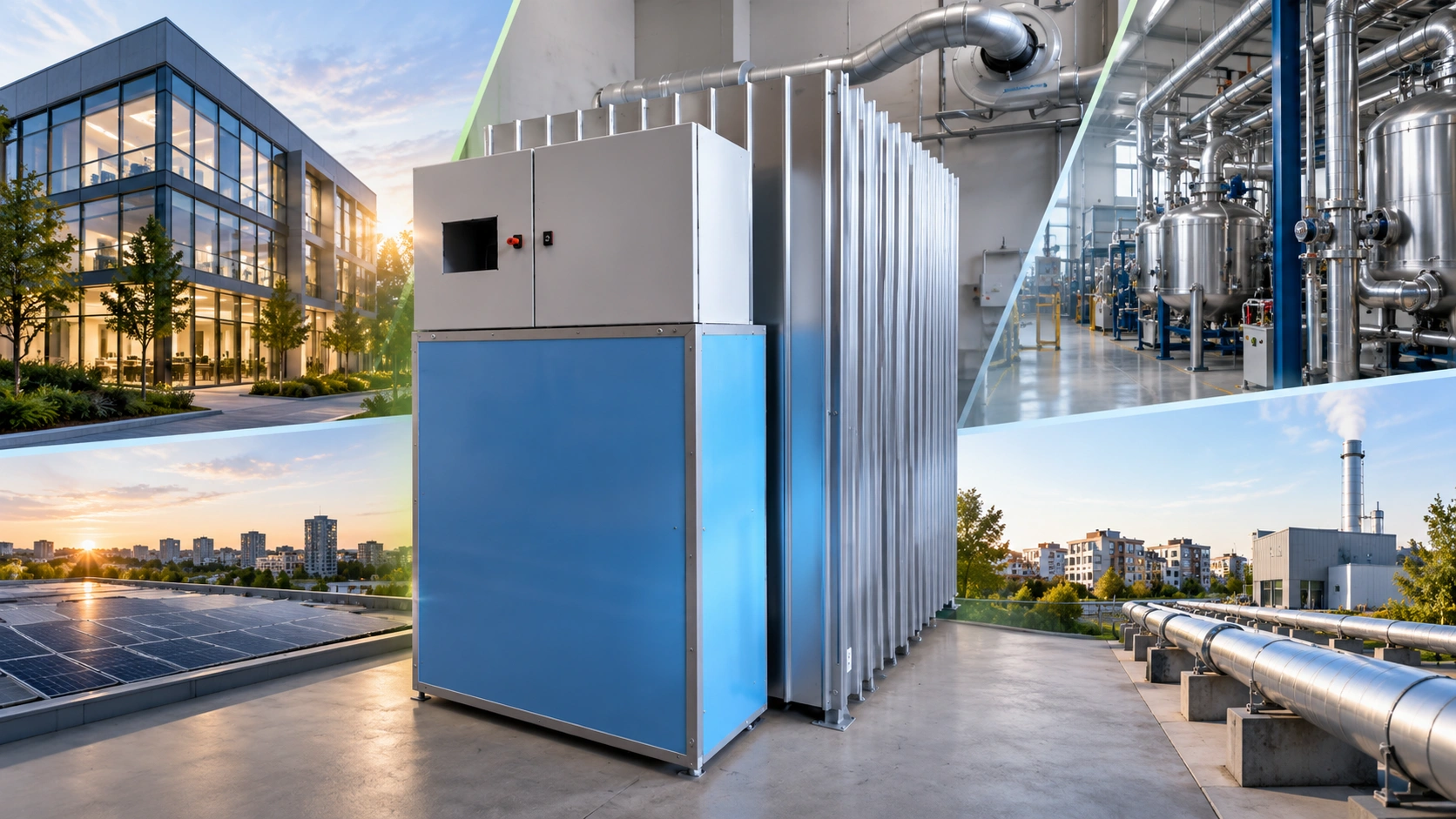 Greenco Tech thermal energy storage prototype with application montage for commercial buildings, industry and district heating
